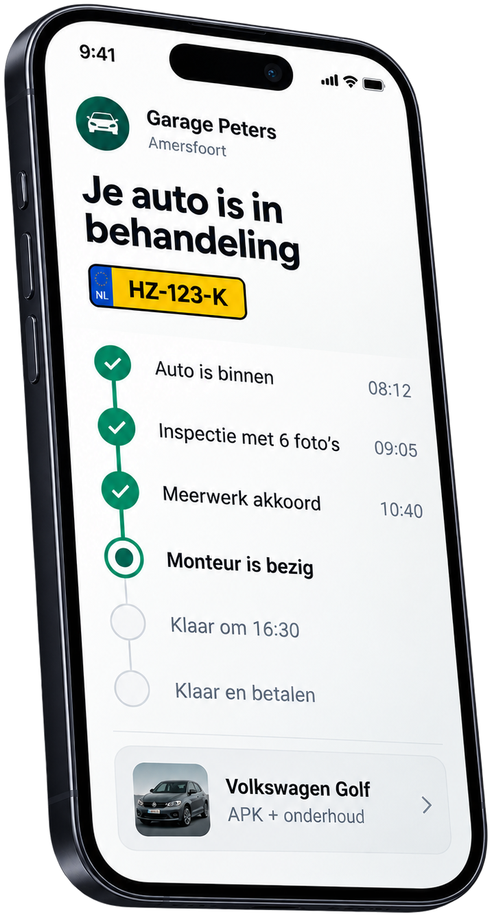 Statuspagina op een telefoon: de auto HZ-123-K is in behandeling, met de stappen van binnenkomst tot betalen