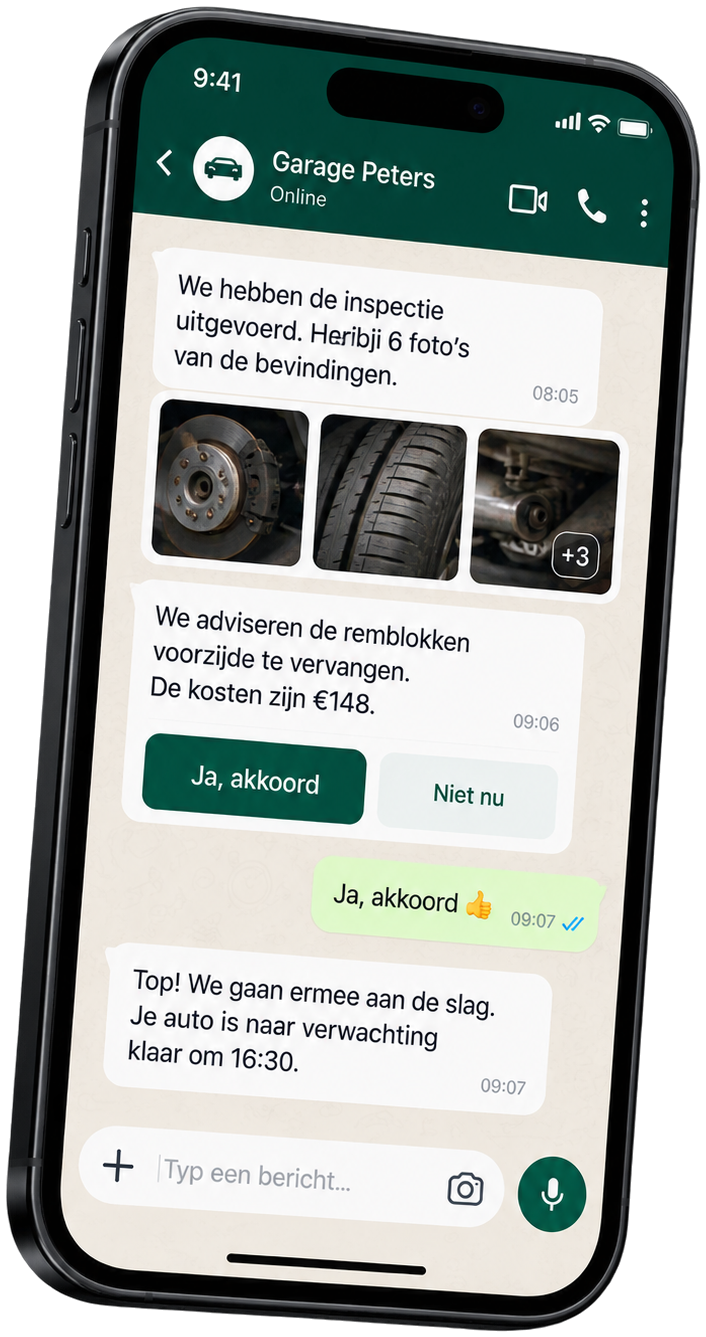 WhatsApp-gesprek met de garage: foto's van de inspectie, advies voor nieuwe remblokken van € 148 en het akkoord van de klant